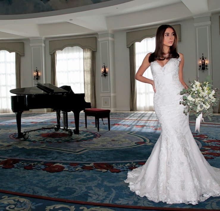 Gown: Bossina Couture (BC621, $1800). Bouquet: Douglas Koch Designs Ltd.